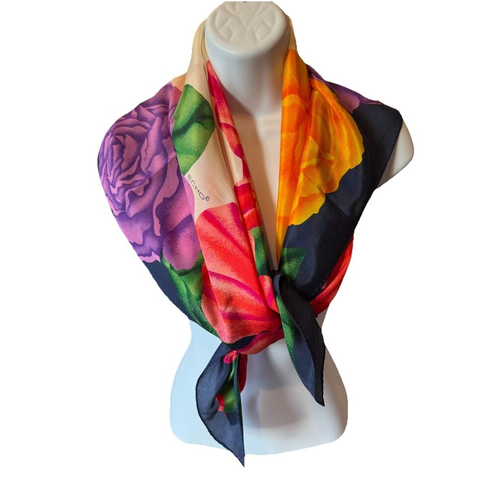 ECHO Floral Print Scarf Multicolor 34” X 34” Bold Purple Red Yellow Ships
